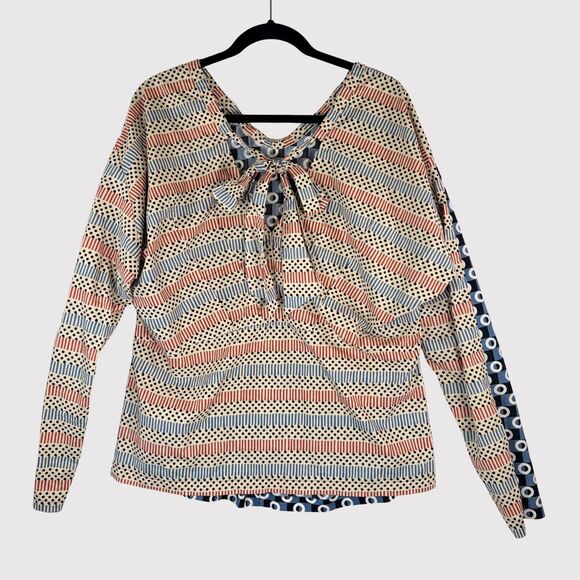 Marni H&M Womens Top Blue Geometric Two Tone V Neck Long Sleeve Blouse Size 10 - Picture 3 of 11